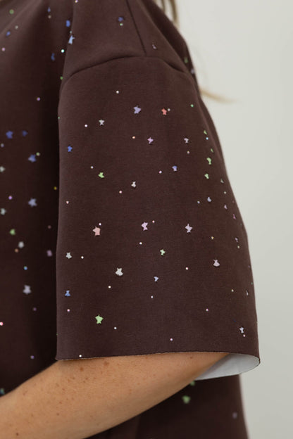 Brown Multicolor Star Print Knit Top
