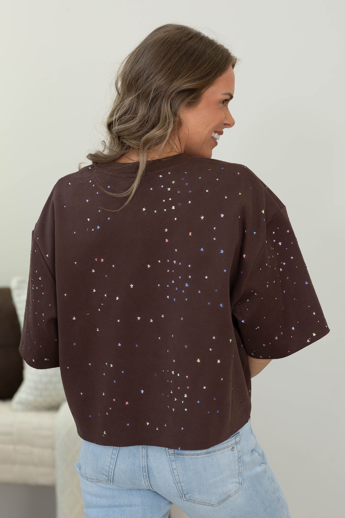 Brown Multicolor Star Print Knit Top