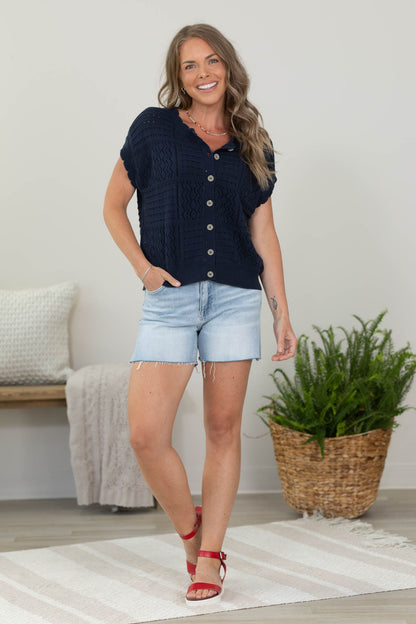 Button Down Scallop Trim Knit Cardigan