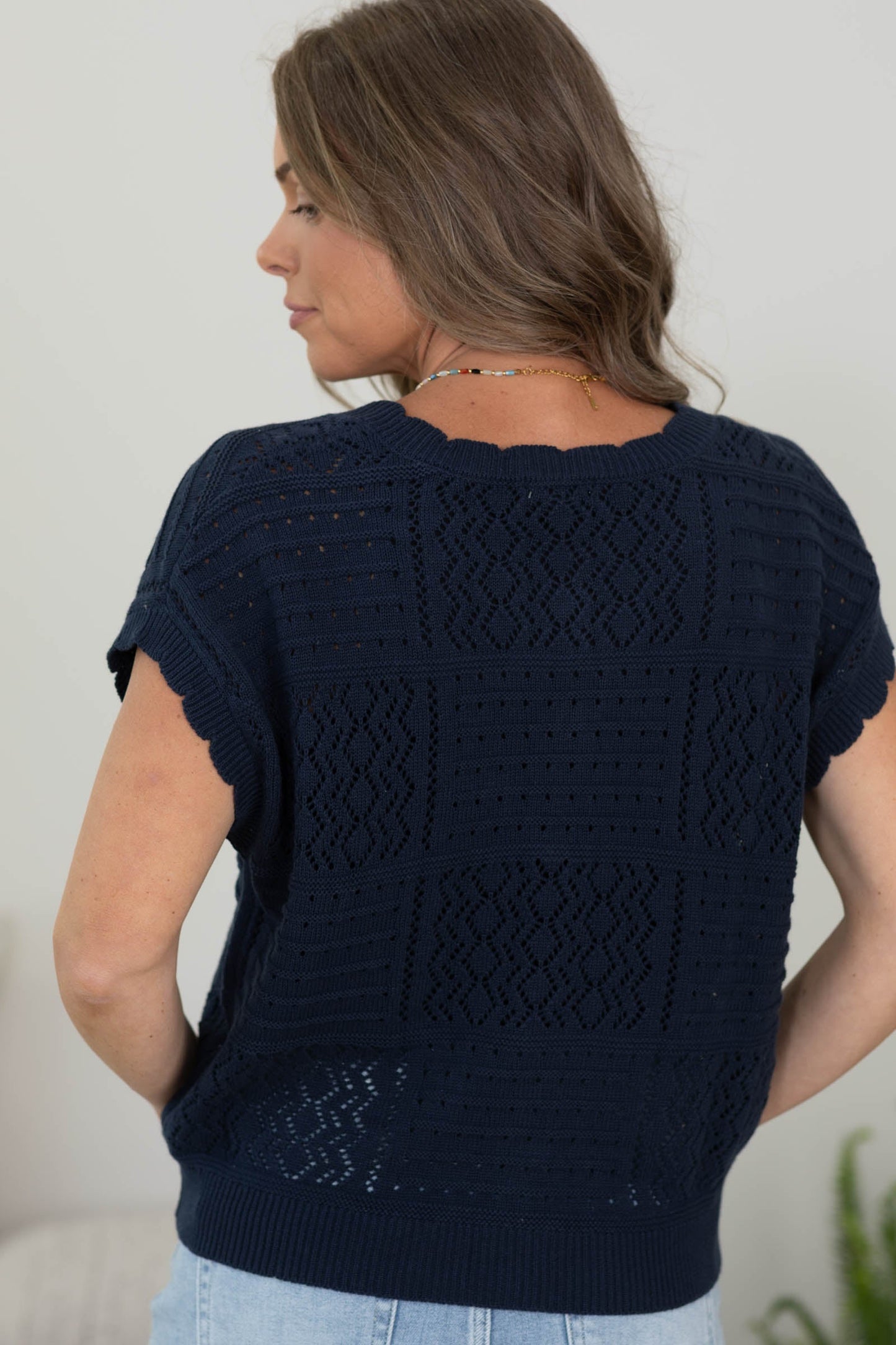 Button Down Scallop Trim Knit Cardigan