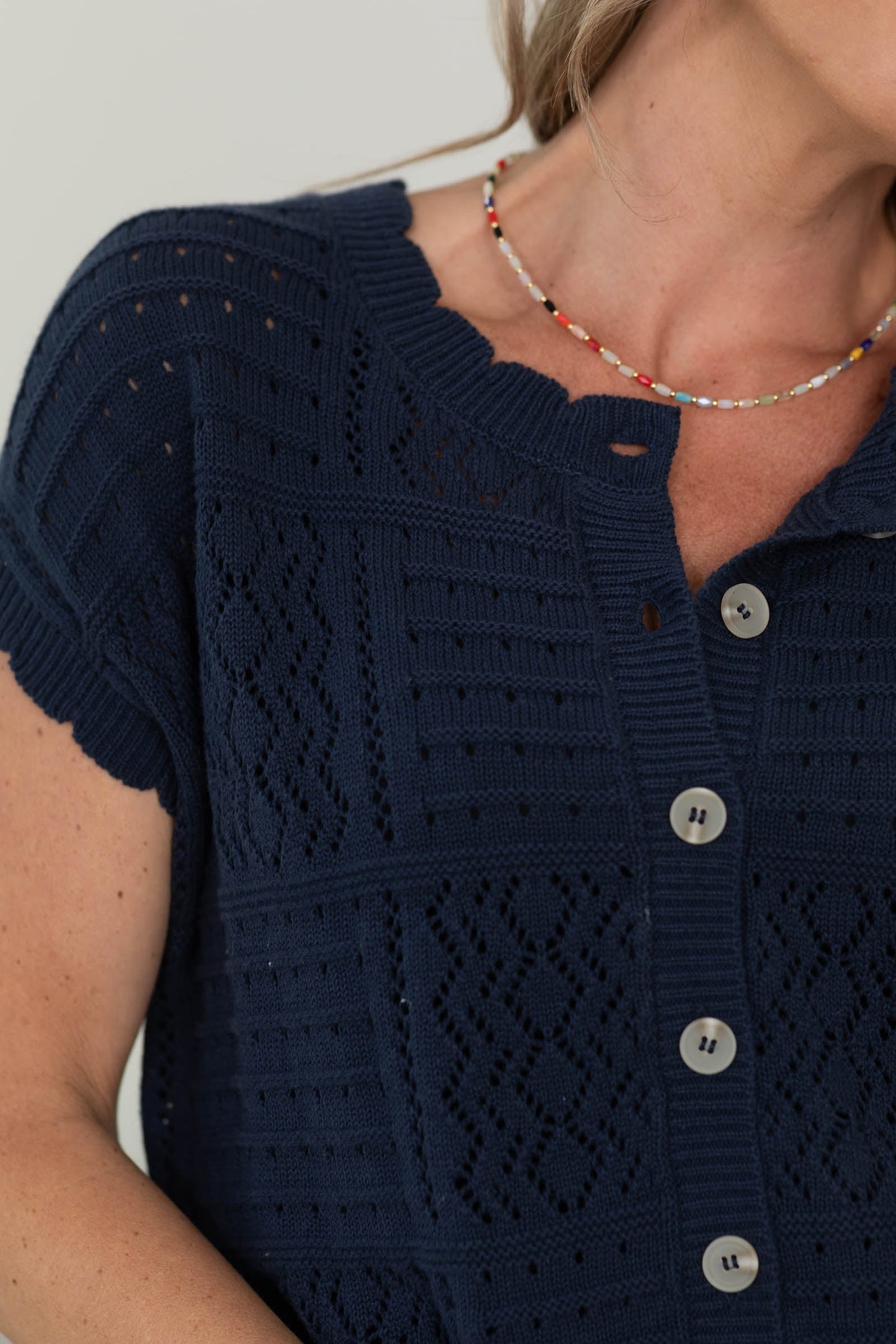 Button Down Scallop Trim Knit Cardigan