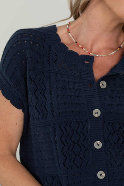Button Down Scallop Trim Knit Cardigan