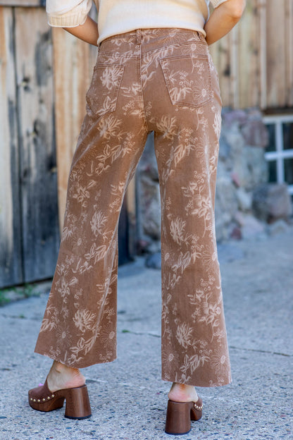 Camel All-Over Floral Print Wide Leg Jeans