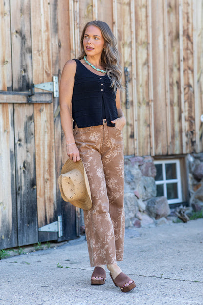 Camel All-Over Floral Print Wide Leg Jeans