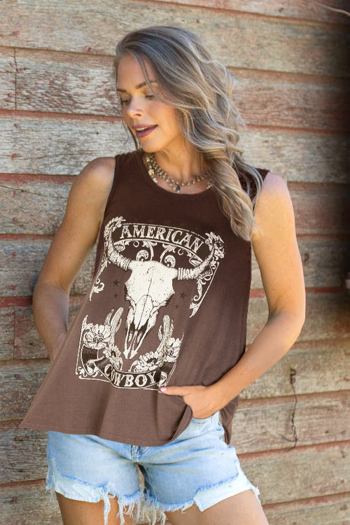 Brown American Cowboy Graphic Tank Top