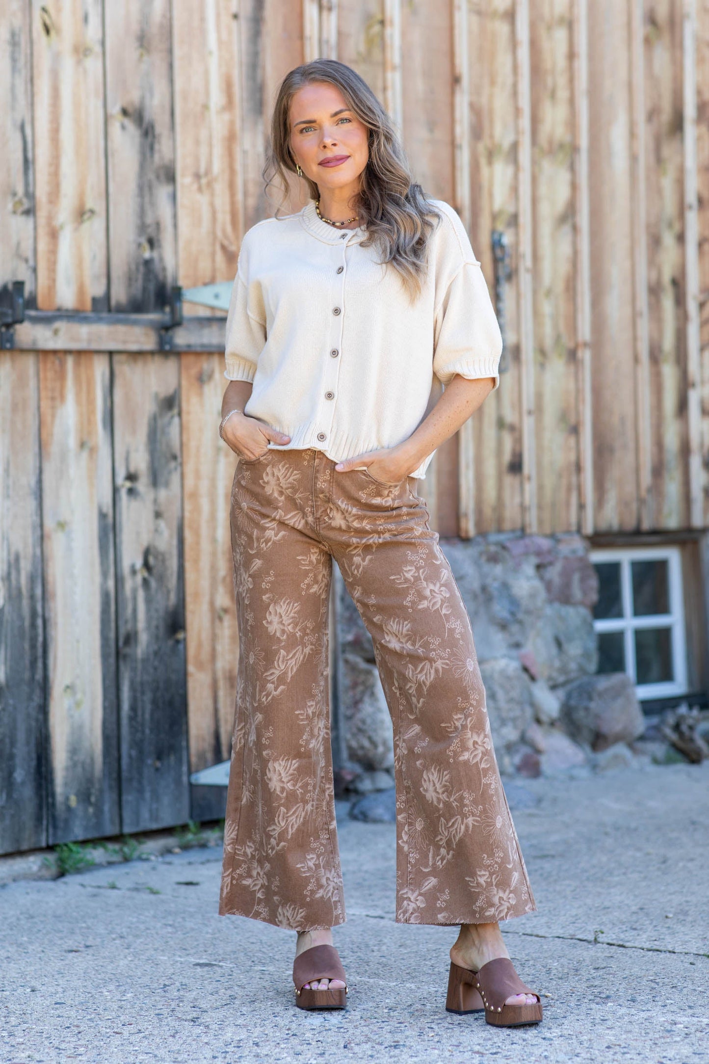 Camel All-Over Floral Print Wide Leg Jeans