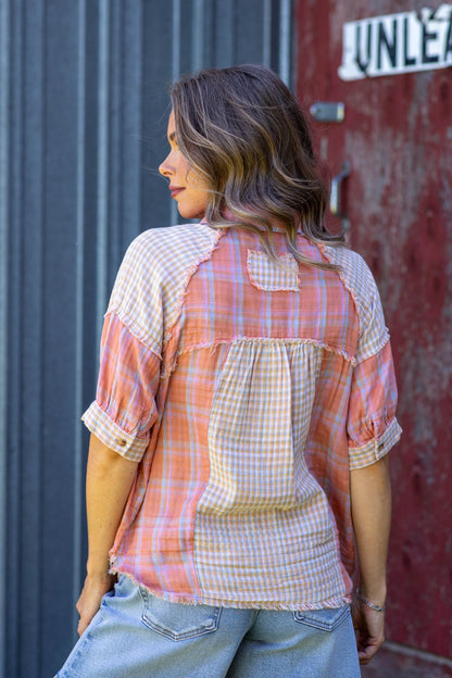 Coral Button Up Plaid Top