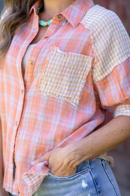 Coral Button Up Plaid Top