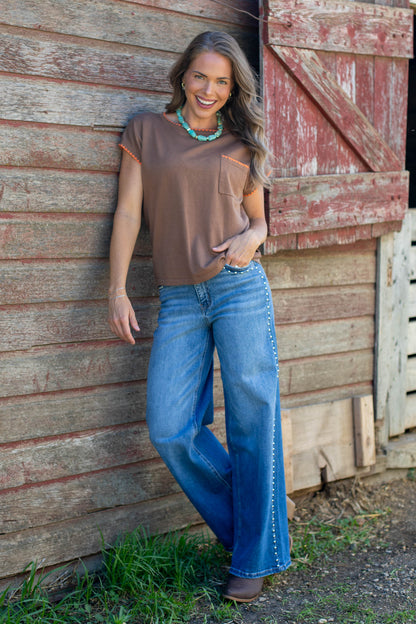 Cello High Rise Studded Wide Leg Jeans