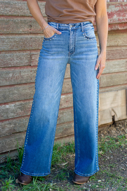 Cello High Rise Studded Wide Leg Jeans