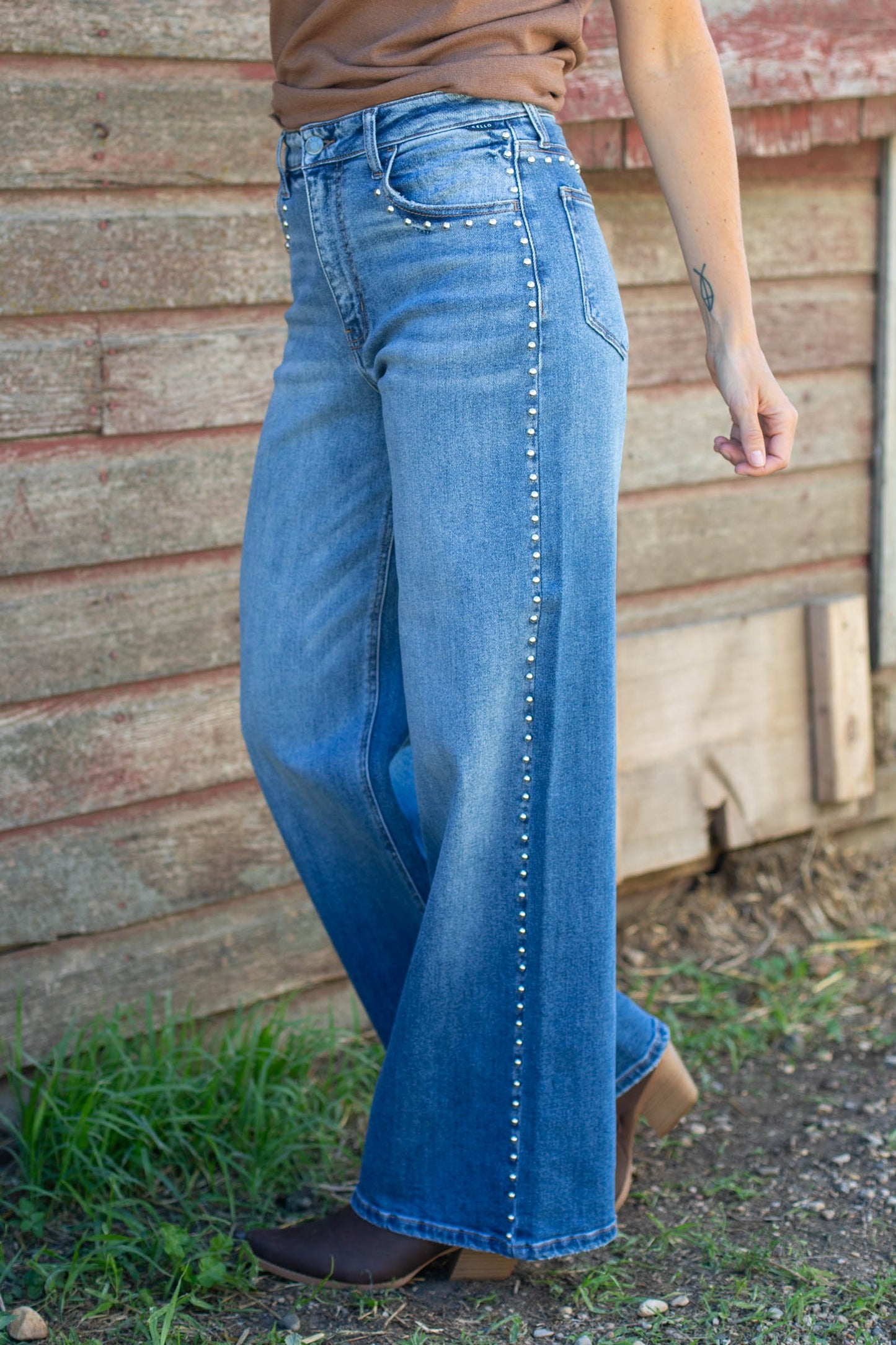 Cello High Rise Studded Wide Leg Jeans