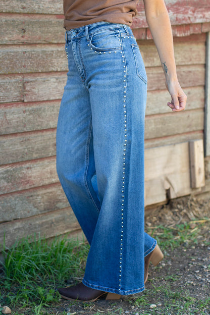 Cello High Rise Studded Wide Leg Jeans