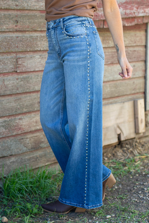 Cello High Rise Studded Wide Leg Jeans
