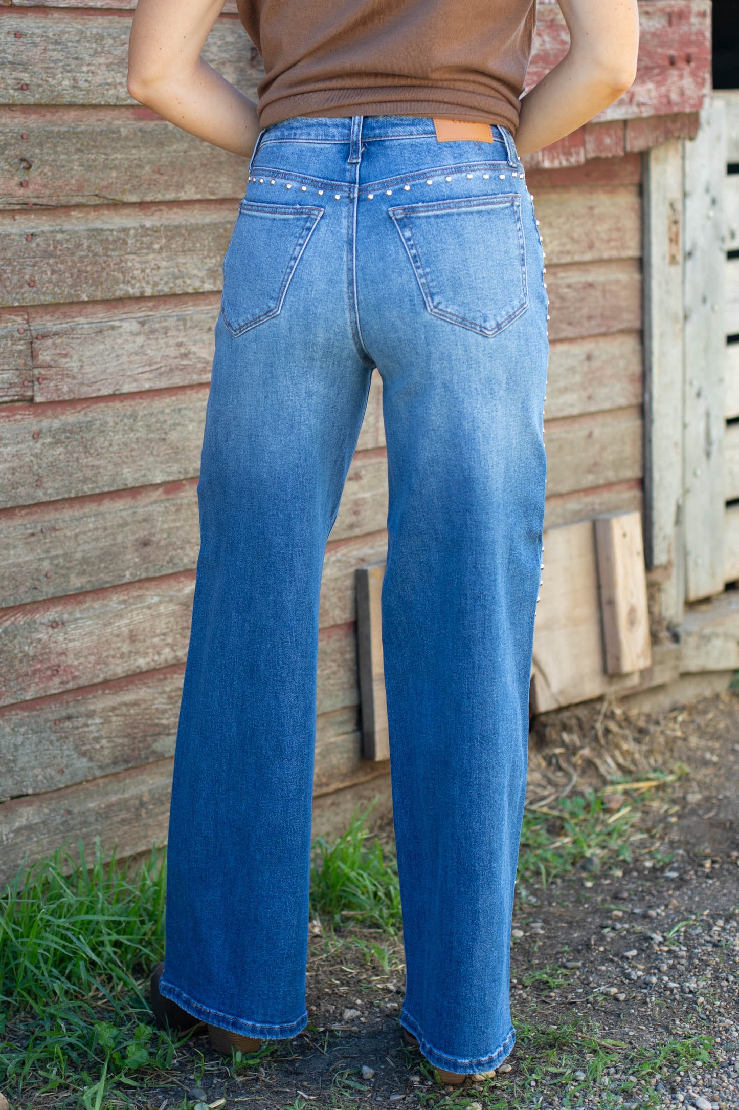 Cello High Rise Studded Wide Leg Jeans