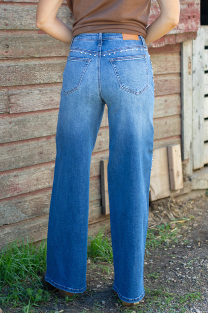 Cello High Rise Studded Wide Leg Jeans