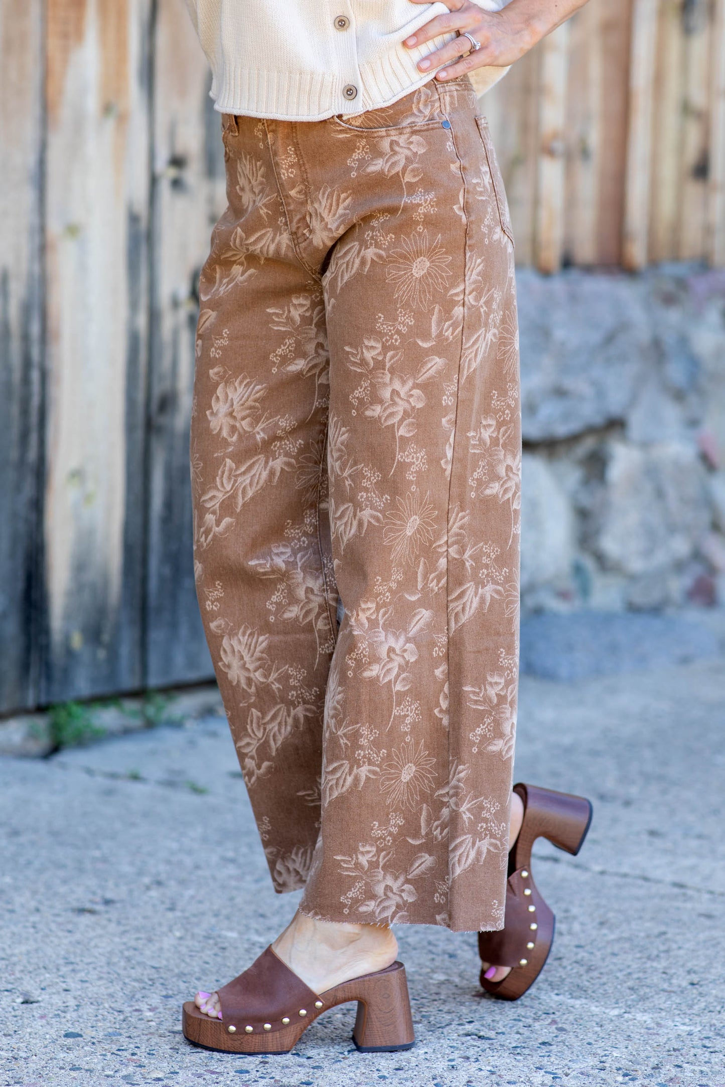 Camel All-Over Floral Print Wide Leg Jeans