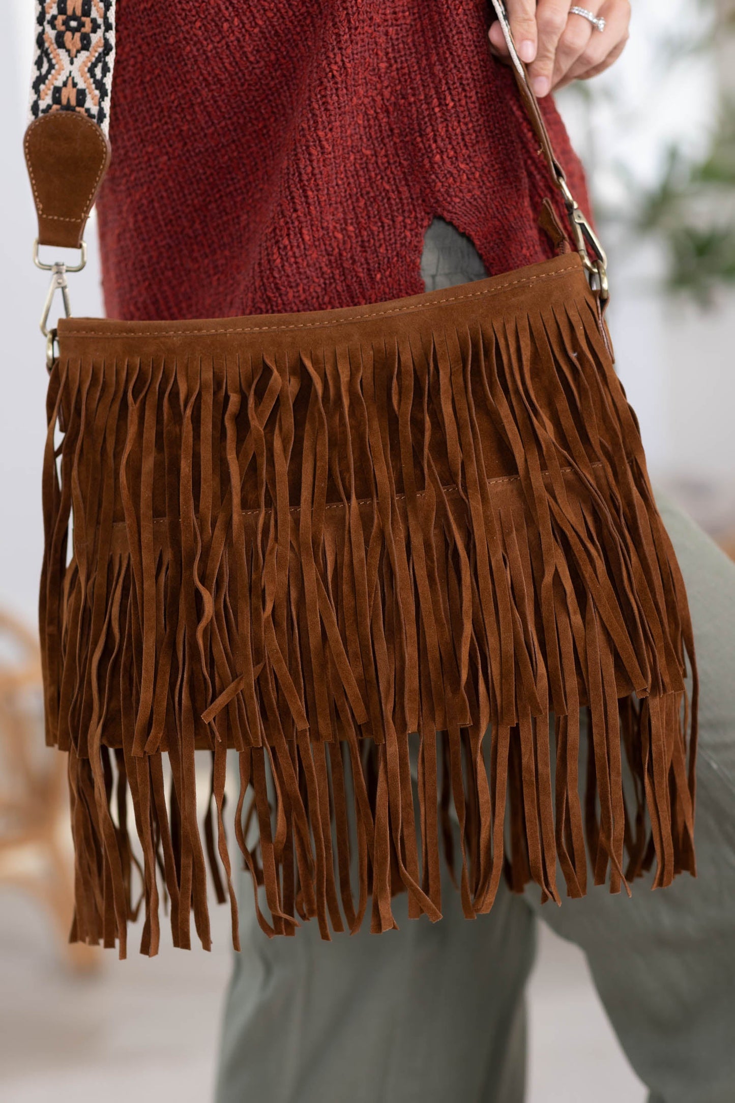Brown Fringe Suede Crossbody Bag
