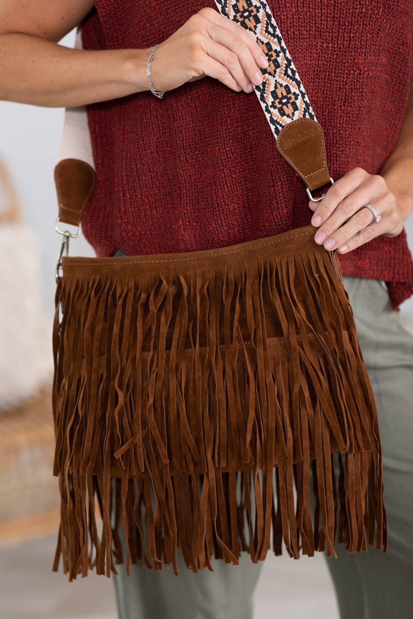 Brown Fringe Suede Crossbody Bag