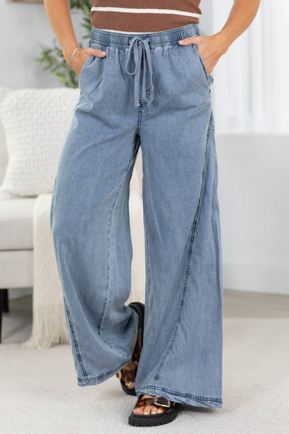 Chambray Drawstring Wide Leg Pants