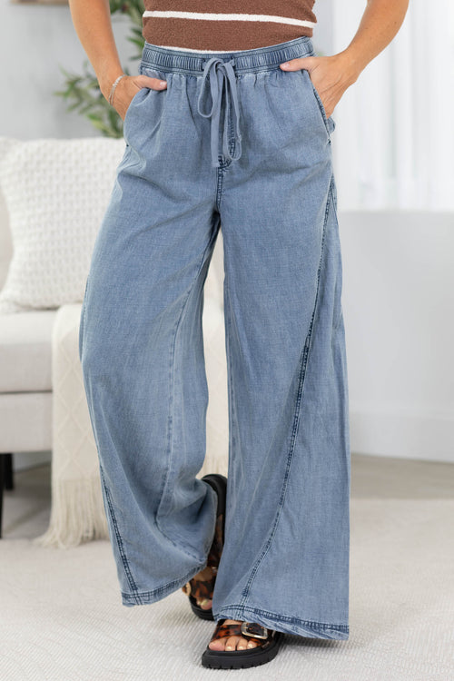 Chambray Drawstring Wide Leg Pants