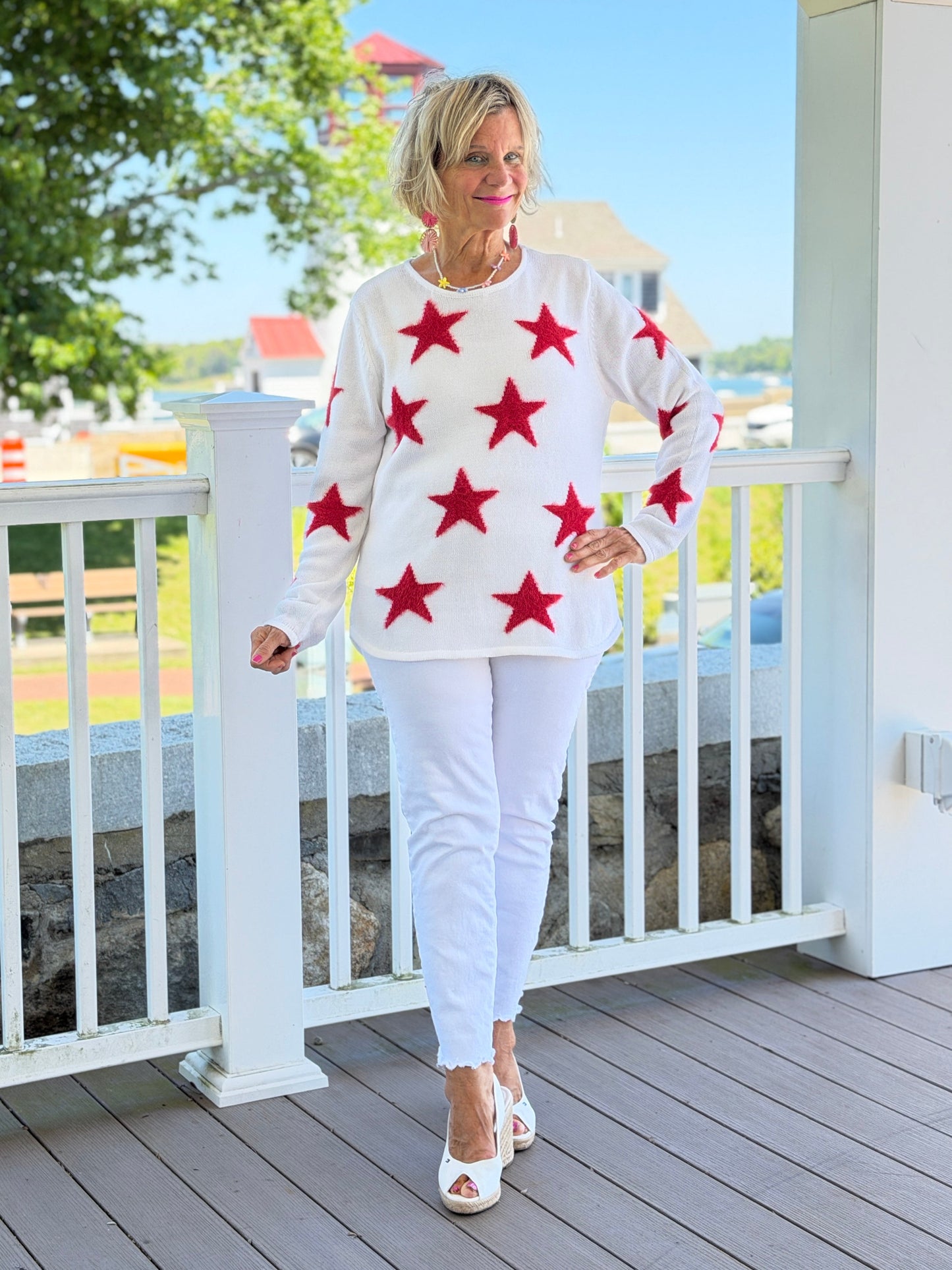 LULU B DOCKSIDE WHITE RED STAR FUZZY SWEATER