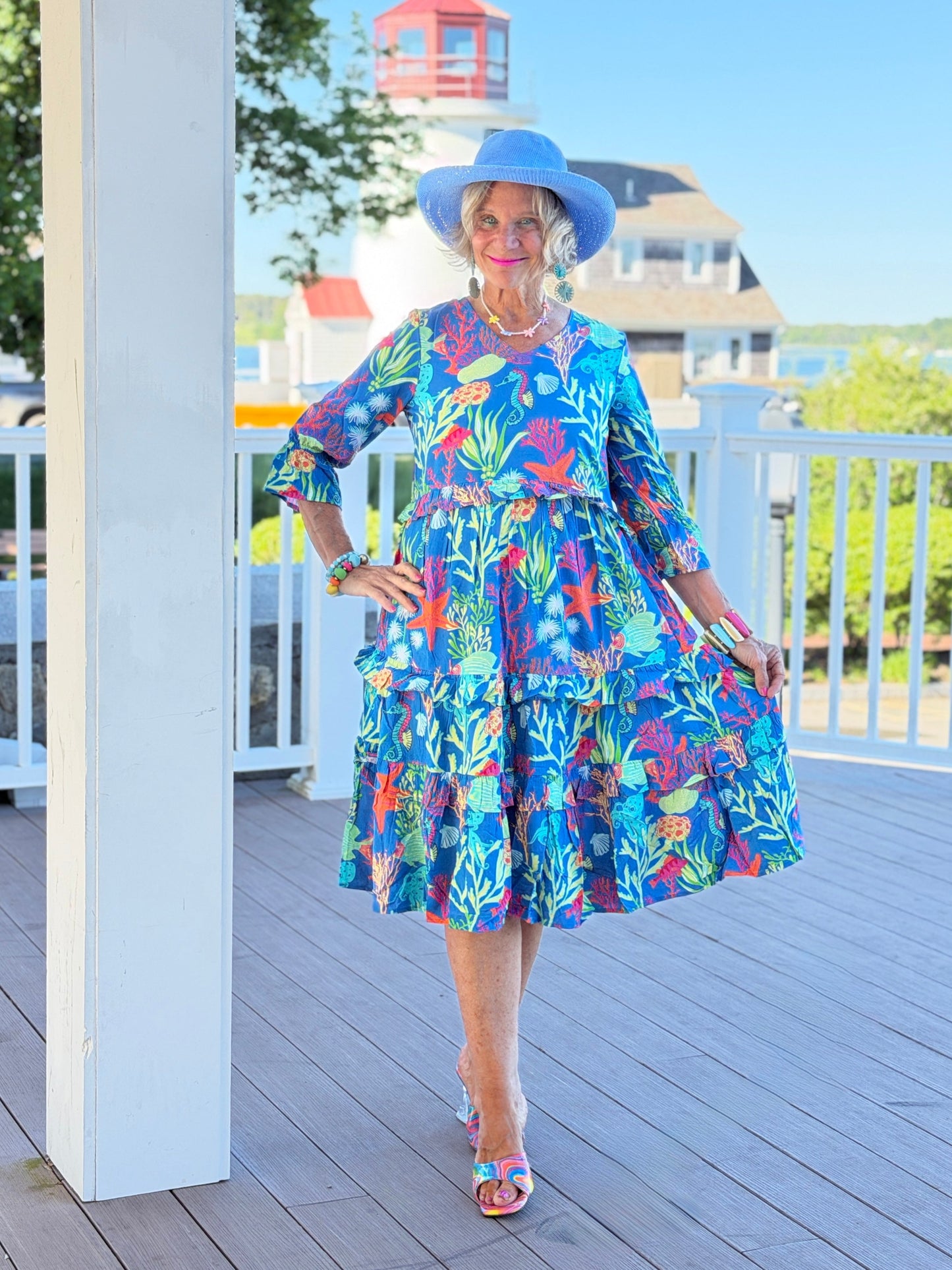 CORAL GARDEN RUFFLE V Neck DRESS