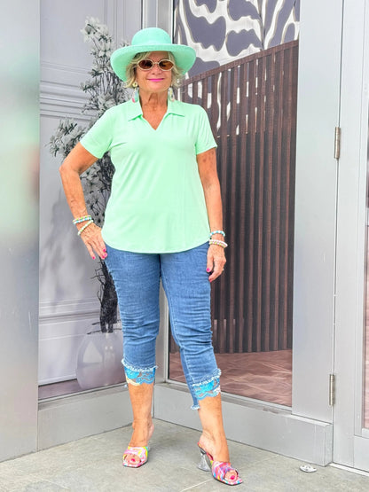 LULU-B CLEAR LIME SHORT SLEEVE COLAR TOP