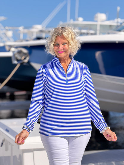 HARBOR BLUE STRIPED HALF ZIPPER TOP