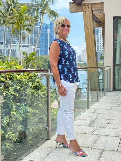 LULU B MIDNIGHT REEF SLEEVELESS V NECK TOP