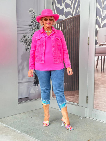 HOT PINK 3/25 SLEEVE RUFFLE TOP