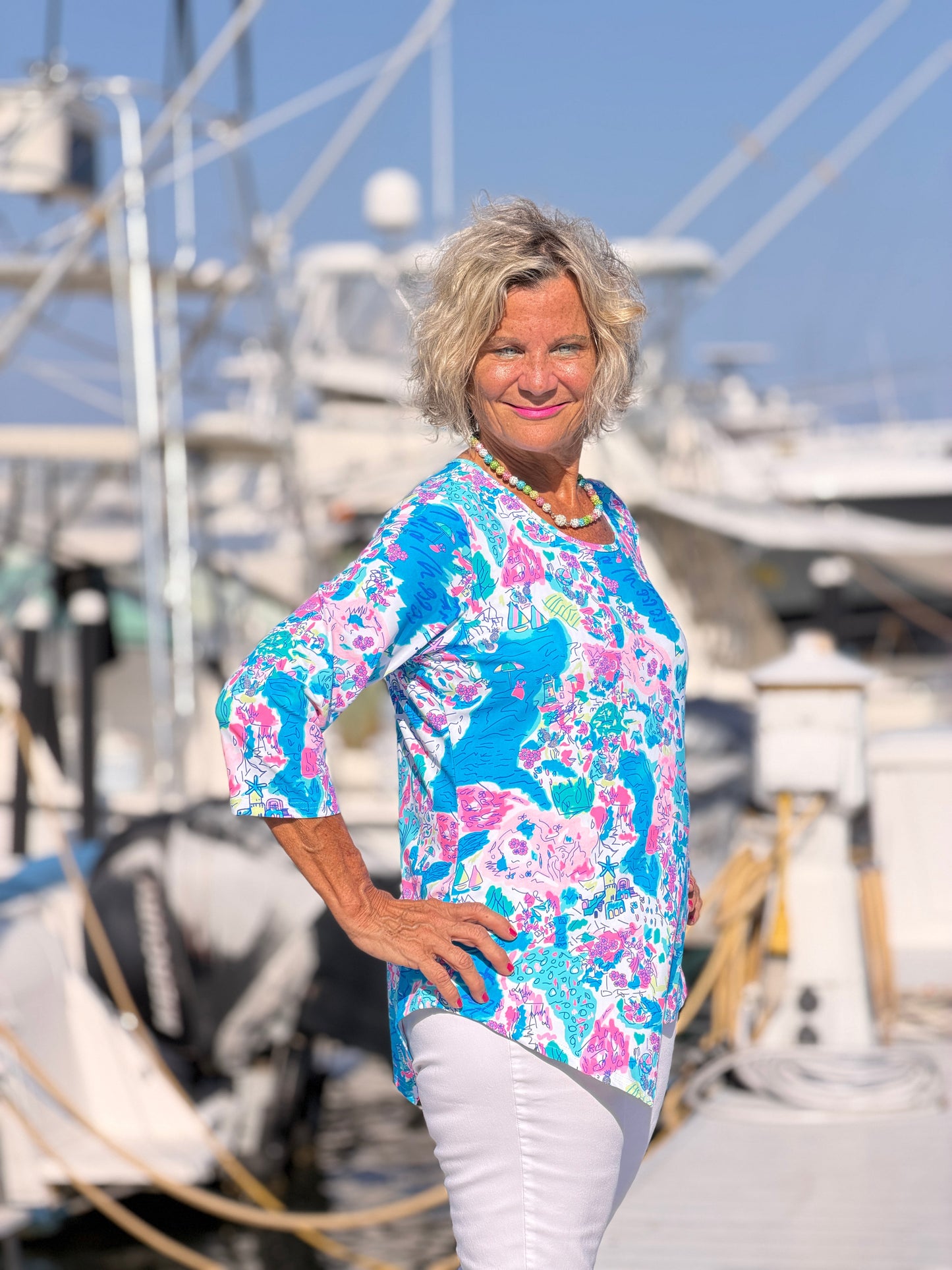 LULU B PALM BEACH SPLASH ASYMMETRIC TOP