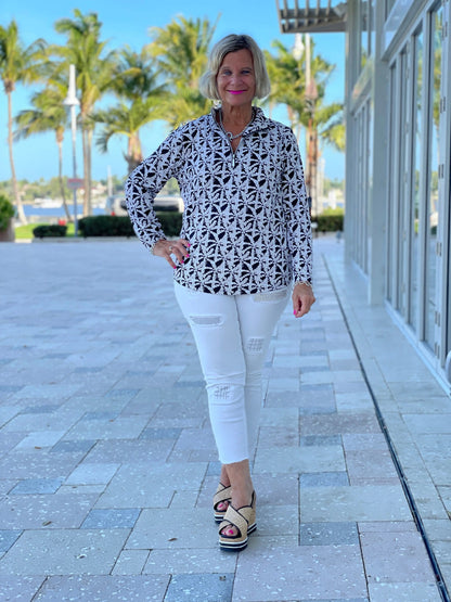 BLACK AND BEIGE PALM ZIPPER TOP
