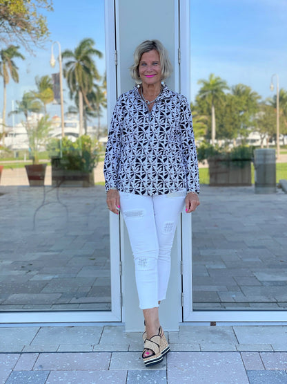 BLACK AND BEIGE PALM ZIPPER TOP