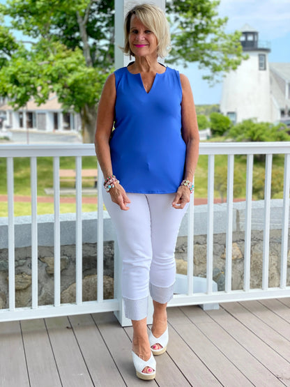 BLUE SLEEVELESS V-NECK TOP