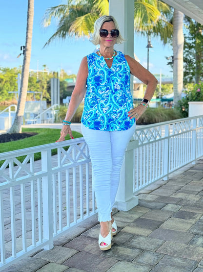 BLUE DREAMING HEARTS SLEEVELESS V NECK