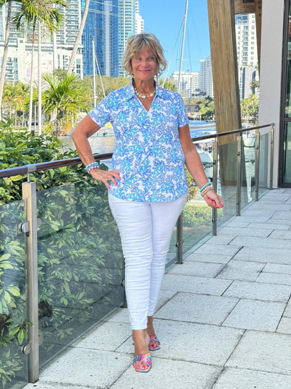 LULU B CORAL BREEZE SHORT SLEEVE V-NECK COLLAR TOP