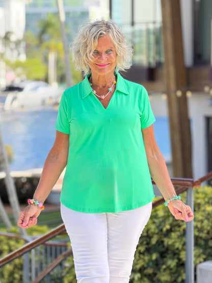 COASTAL GREEN SHORT SLEEVE COLLAR TOP