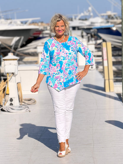 LULU B PALM BEACH SPLASH ASYMMETRIC TOP
