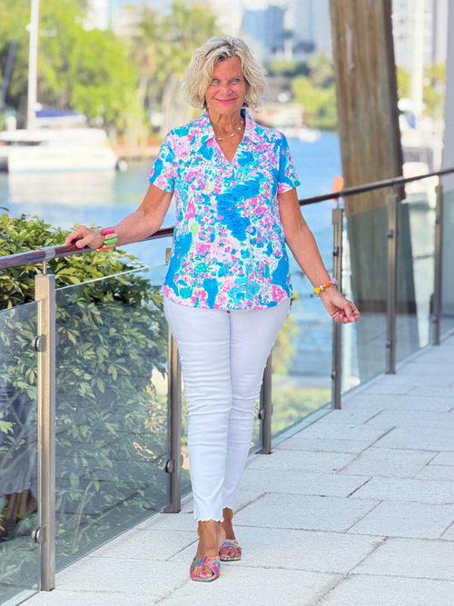 LULU B PALM BEACH SPLASH COLLAR SHORT SLEEVE