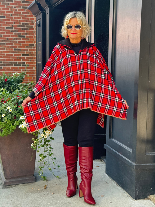 Flannel Plaid Zip Front Poncho RED AND BLACK