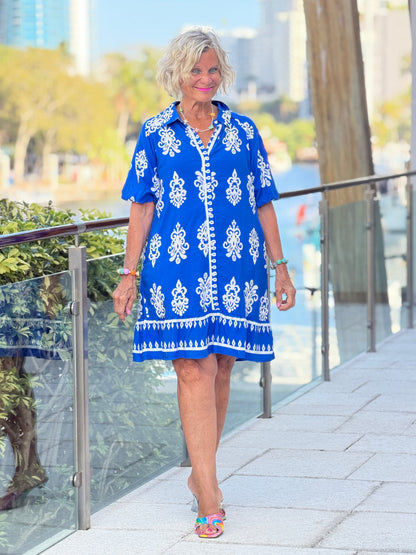 Geometric Collar Button Front Short Puff Sleeve Mini Dress