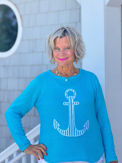DOCKSIDE NAUTICAL AQUA STRIPE ANCHOR SWEATER