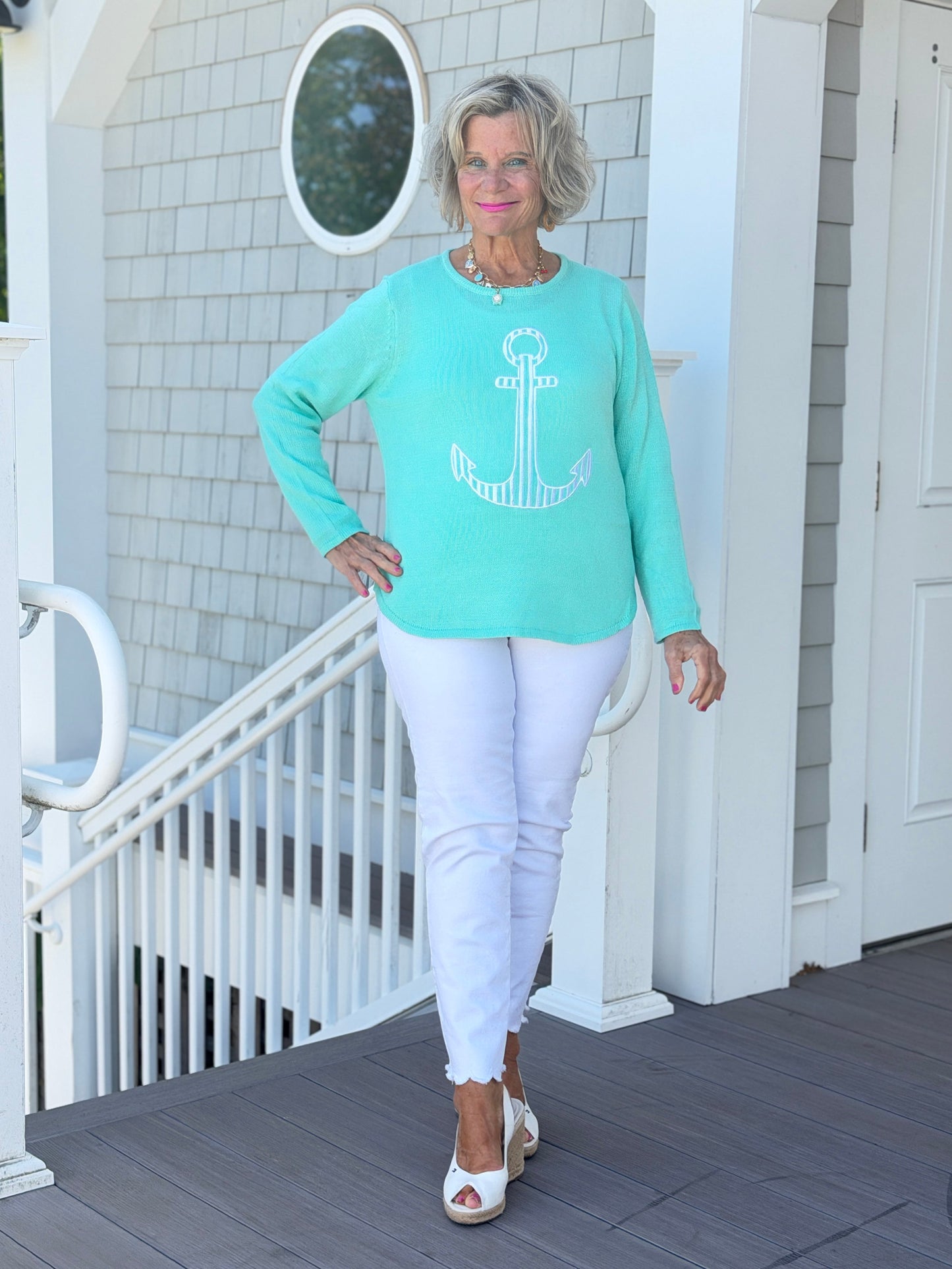 DOCKSIDE NAUTICAL SEAFOAM NAUTICAL STRIPE SWEATER