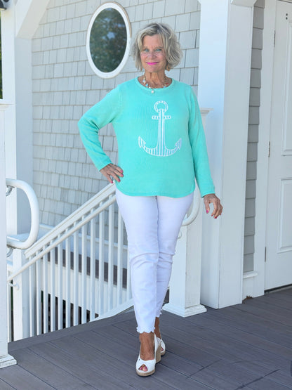 DOCKSIDE NAUTICAL SEAFOAM NAUTICAL STRIPE SWEATER