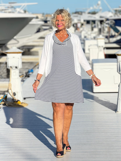DOCKSIDE NAVY SLEEVELESS RUFFLE DRESS