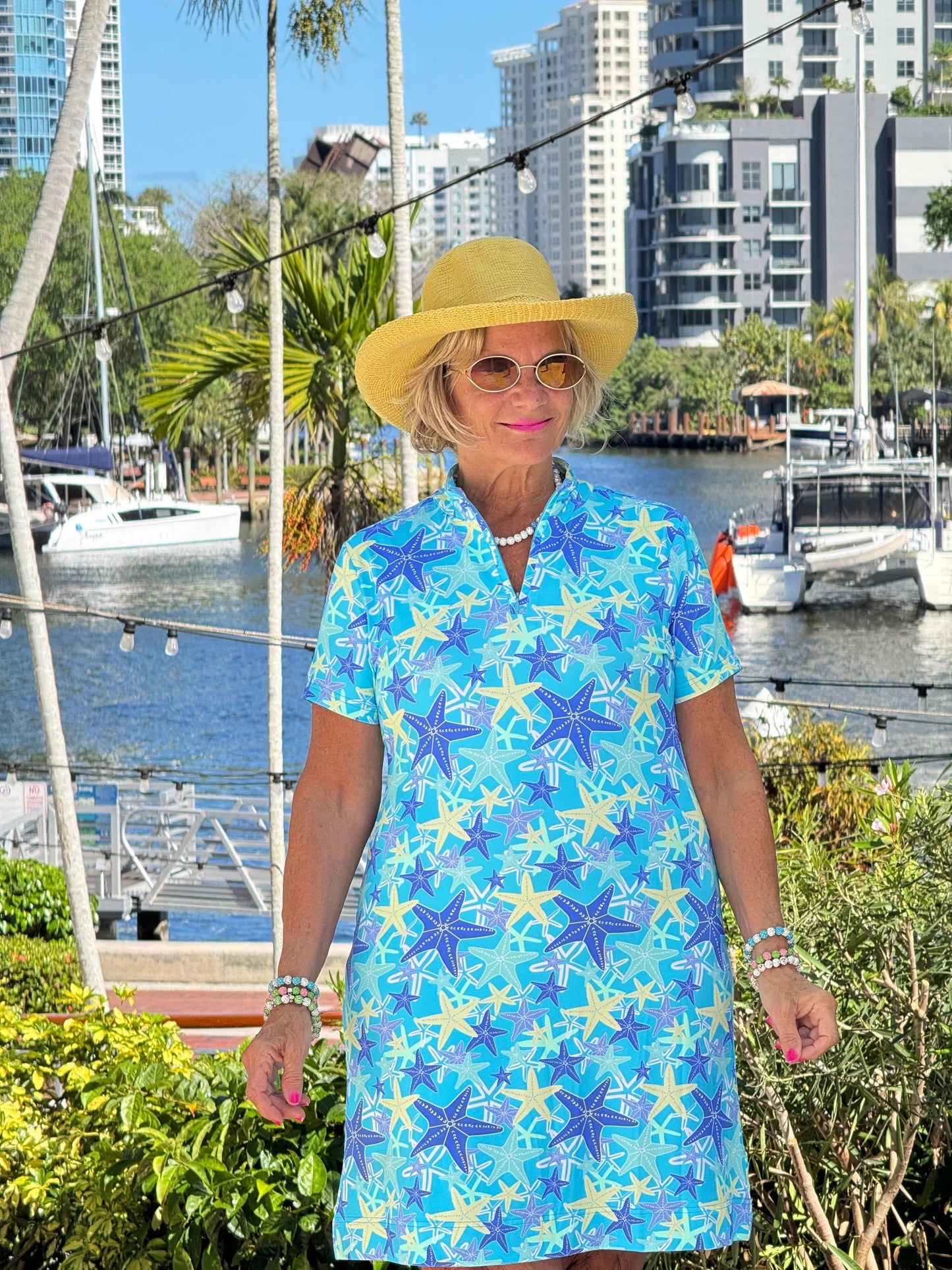 LULU B STARFISH SPLASH HALF ZIPPER SHORT SLEEVE DRESS