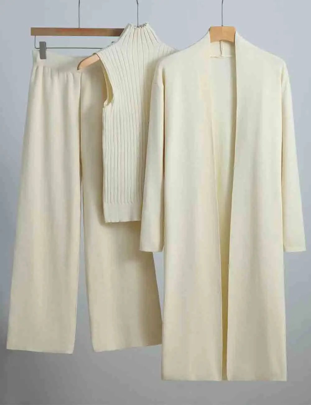 Ladies Solid Color Open Knit Cardigan & Pants 3PCS Set