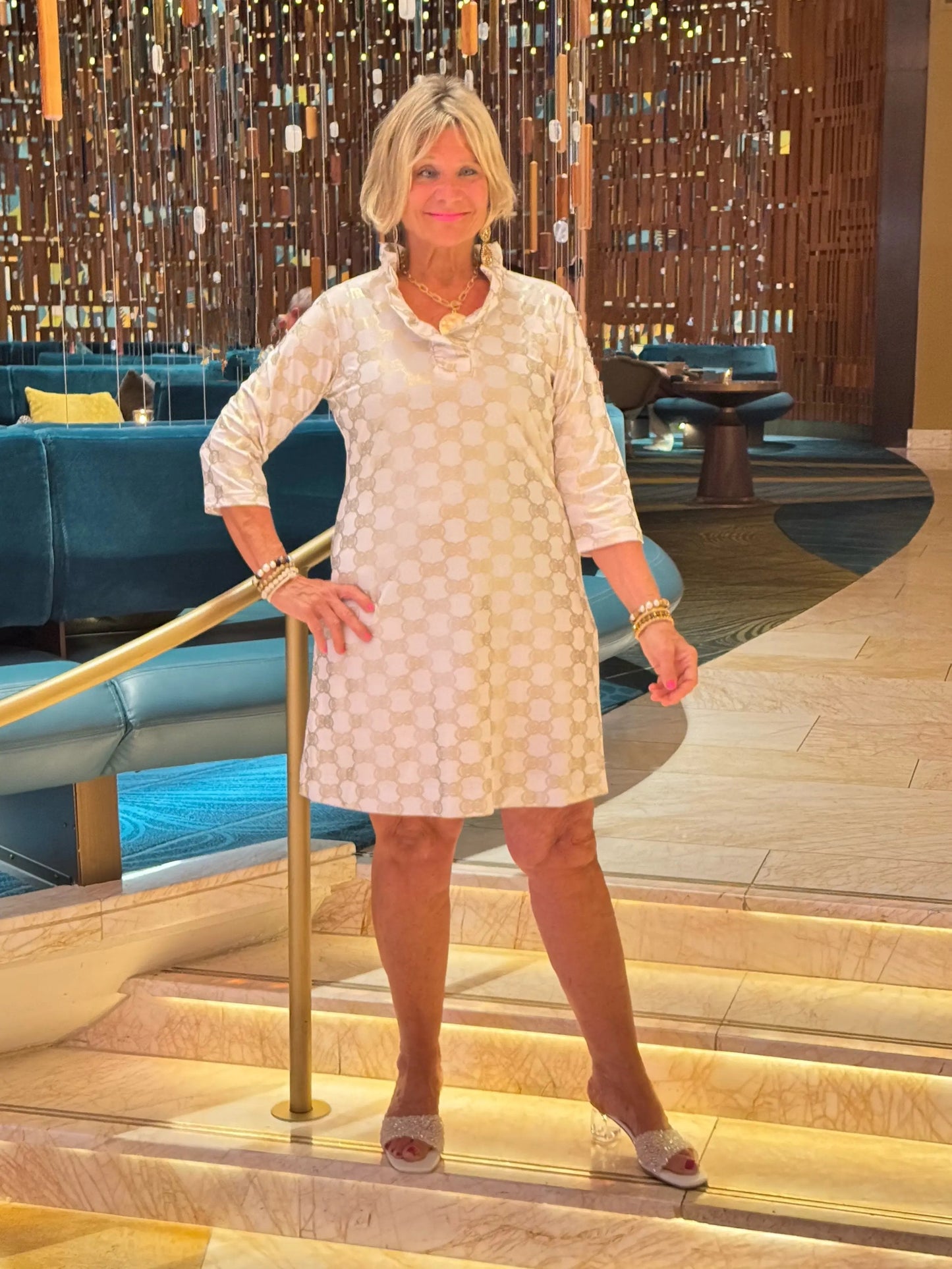 HOLIDAY GOLD AND WHITE RUFFLE DRESS
