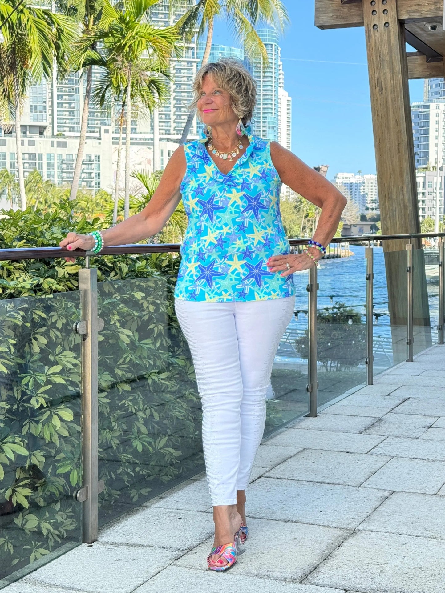 LULU B STARFISH SPLASH SLEEVELESS RUFFLE TOP