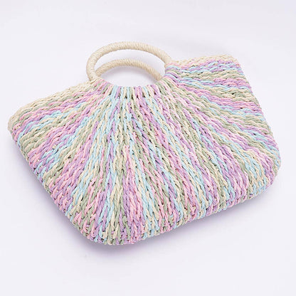 Faux Straw Multi Color Round Handle Tote Bag